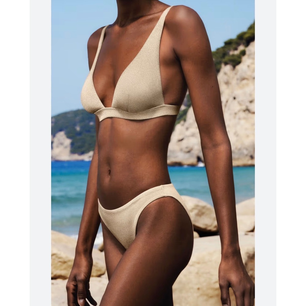 Etam Bikini Set Women US Small Gold Shimmer Metallic Triangle High Leg Excellent
